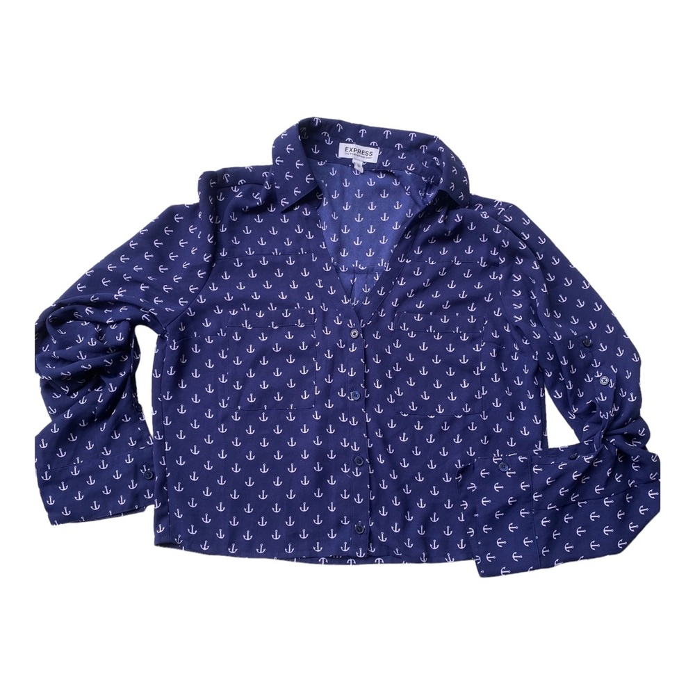 Express Button Down Navy Anchor Print Portofino Crop Top Size XS